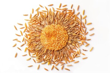 Fototapeta premium A creative sculpture made from rice grains forming a sunflower shape on a white background
