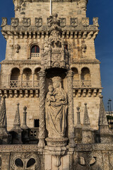 Fototapeta premium Belem Tower (Torre de Belem, 1519) - fortified tower located on Tagus River in civil parish of Santa Maria de Belem. Belem Tower is a UNESCO World Heritage Site. LISBON, PORTUGAL.