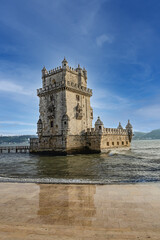 Obraz premium Belem Tower (Torre de Belem, 1519) - fortified tower located on Tagus River in civil parish of Santa Maria de Belem. Belem Tower is a UNESCO World Heritage Site. LISBON, PORTUGAL.