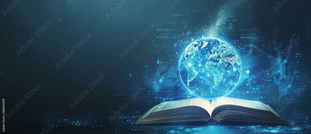 Wall mural an open book with a blue glowing globe above it symbolizing the power of knowledge and education. wo