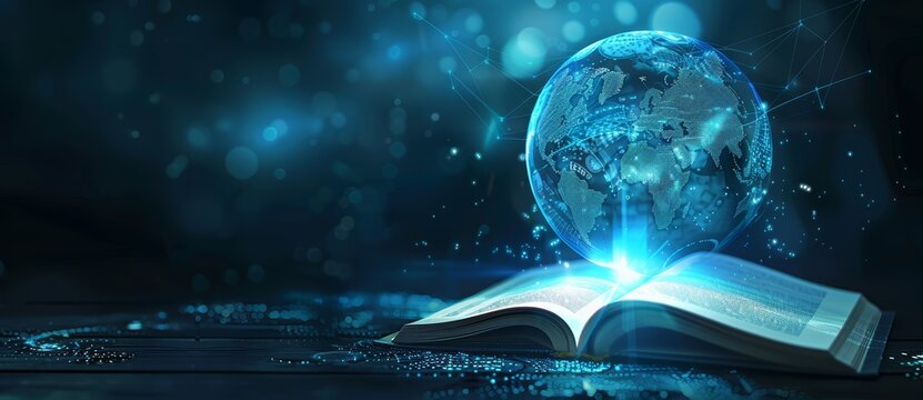 An open book with a blue glowing globe above it symbolizing the power of knowledge and education. Worldwide connection and network, technology and business concept. Empty dark background.