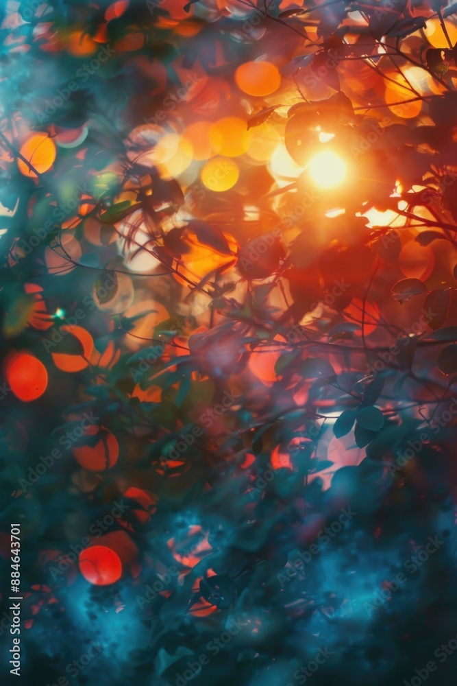 Poster a beautiful scene with warm sunlight shining through the leaves of a tree