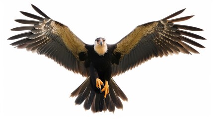 Obraz premium Stunning crested caracara elegantly glides through the sky, displaying its remarkable wingspan against a pristine white backdrop