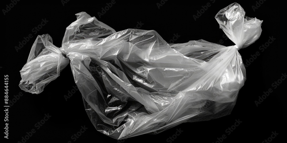 Poster a close-up view of a plastic bag in shades of gray, with a rough texture and crinkled surface