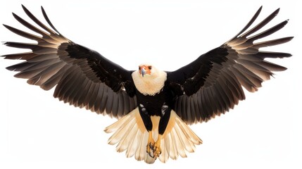 Obraz premium Majestic crested caracara eagle soars gracefully with wings spread wide against a white background, symbolizing freedom and strength in wildlife