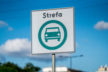 Green transport zone sign in Warsaw city centre