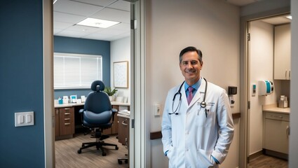 modern medical doctor’s chamber, where professionalism meets comfort, ensuring patients feel at ease. The photo captures the doctor in a well-equipped, inviting office