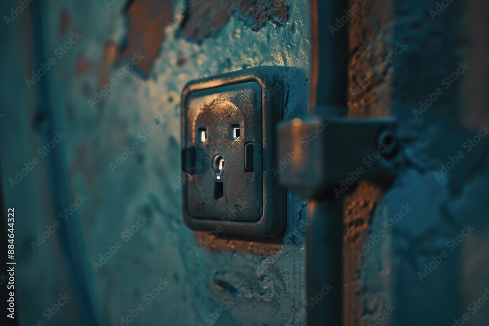 Poster a close-up view of a standard light switch on a wall, ready to be turned on or off