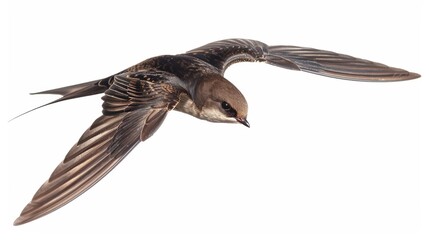 Common swift bird spreads its powerful wings while soaring through a bright white sky