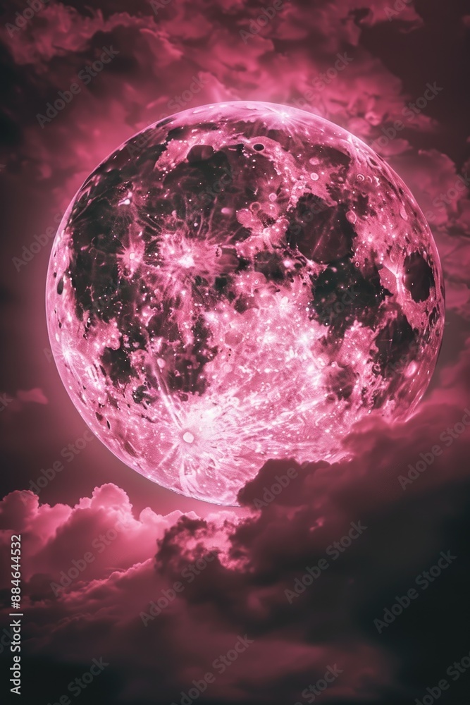 Poster a bright pink full moon shines through clouds in the night sky, with no additional context