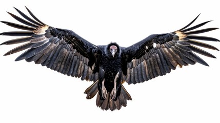 Obraz premium Majestic black vulture is flying with its wings spread wide open against a white background