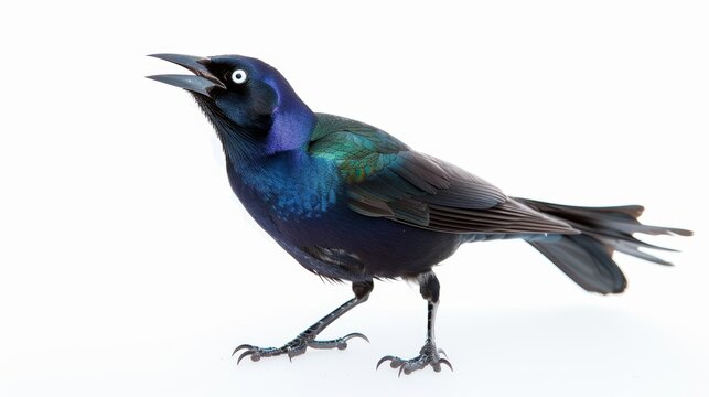 Common grackle bird perched and serenading on a bright white backdrop - Powered by Adobe