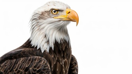 Obraz premium Proud bald eagle with intense eyes exudes freedom and strength against a white background, capturing the essence of a majestic bird of prey