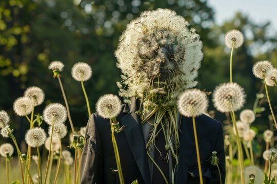 Person in a suit stands with a giant dandelion head in a sunlit field