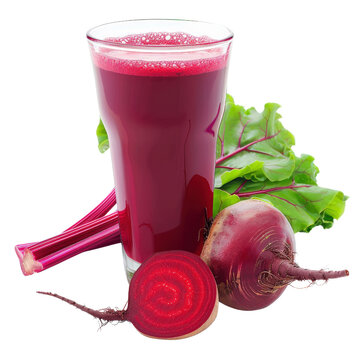 A glass of fresh beet juice with whole beets and leaves.
