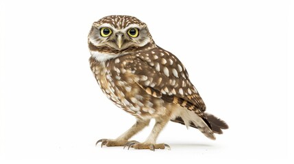 Little owl, also know as athene noctua, standing on white background looking forward