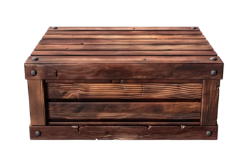 A wooden chest with four strips of wood. The top lid is closed and made from dark brown wood in the style of a game asset icon