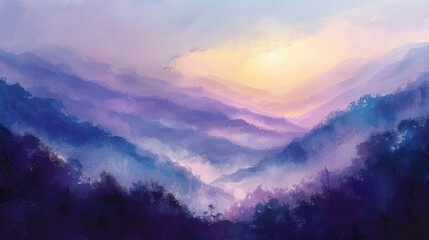 A painting of a sunrise over misty mountains, early morning light, gentle hues of purple and orange, ethereal and peaceful scene