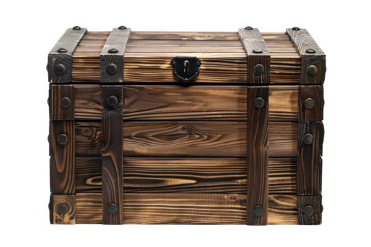 A wooden chest with four strips. The top lid is closed and made from dark brown wood in the style of a game asset icon