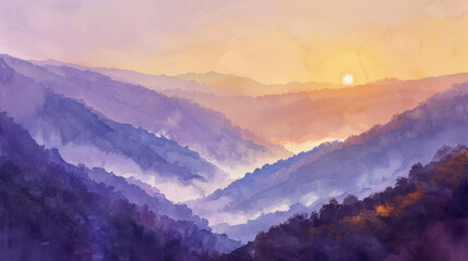 Obraz premium A painting of a sunrise over misty mountains, early morning light, gentle hues of purple and orange, ethereal and peaceful scene