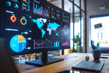 Office meeting with charts and graphs about digital marketing strategies displayed on a large screen. Stylish lighting and social media icons are subtly integrated into the decor.