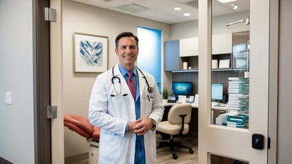 modern medical doctor’s chamber, where professionalism meets comfort, ensuring patients feel at ease. The photo captures the doctor in a well-equipped, inviting office