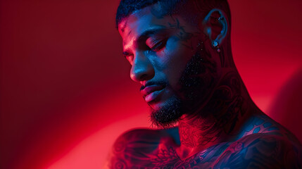 Man with Tattoos in Neon Lights