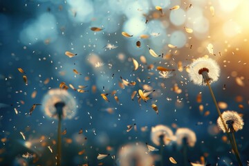 Helpless and delicate dandelion seeds caught in the wind, symbolizing desperate flight. The seeds are sharply detailed against a softly blurred background, highlighting their fragility