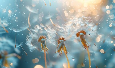 Delicate dandelion seeds floating in the wind, representing a desperate flight. Soft focus on the seeds with a blurred background creates a serene atmosphere