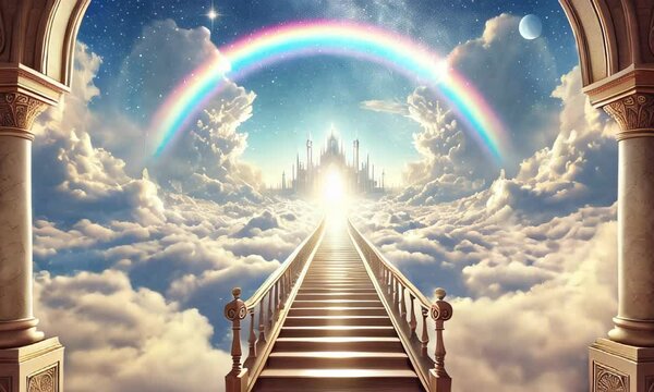 Stairway to Heaven in Cloudy Sky with Sunlight Rays and rainbow
