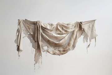 A piece of cloth hangs from a clothesline in a backyard or residential area