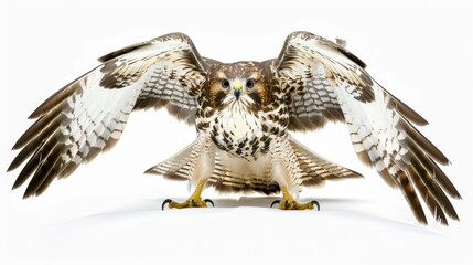 Majestic red-tailed hawk spreading its impressive wings while standing on a white background