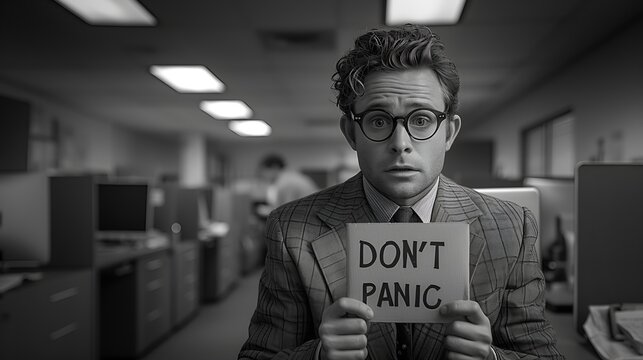 Young quirky and eccentric business executive holding a sign that says &ldquo;DON&rsquo;T PANIC&rdquo; - office humor - black and white - classic style - vintage aesthetics 