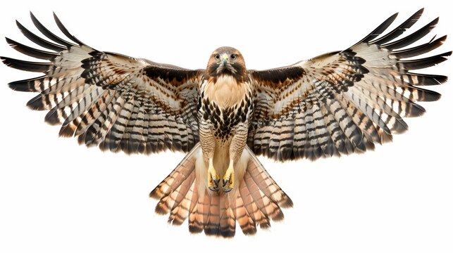 Majestic red-tailed hawk hovers with its wings spread, displaying the stunning feather pattern