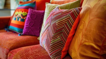 Vivid cushions on couch close view