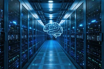 Artificial intelligence concept with glowing brain hologram in a futuristic server room