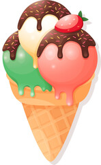 Vector cute cartoon ice cream with colorful cream balls, waffle cone, chocolate glaze and strawberry on a transparent background. Cute sweet food ice cream poster art design