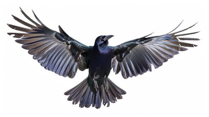 Obraz premium Powerful black crow glides with its wings fully spread against a white backdrop, radiating strength and majesty