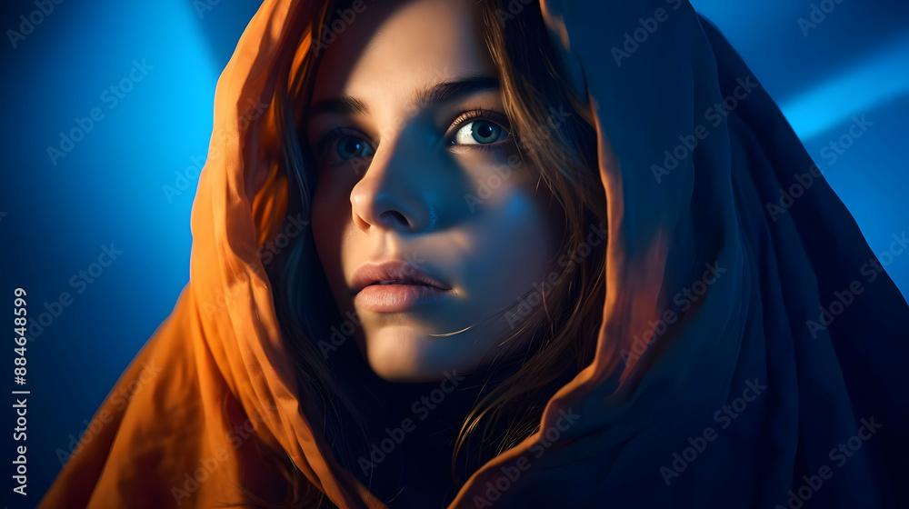 Sticker Woman in Orange Scarf, Blue Light