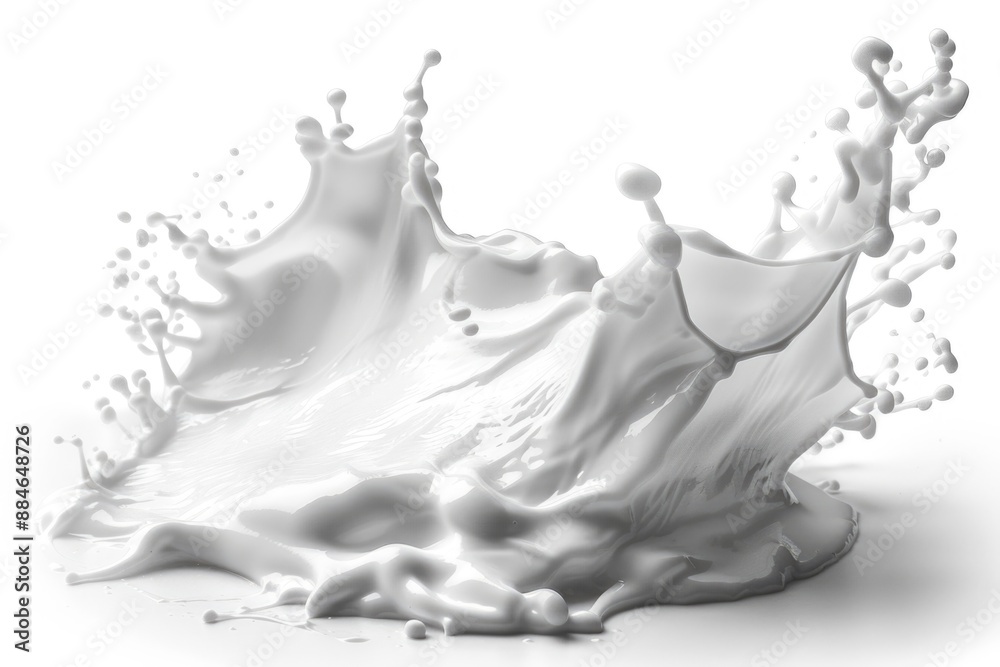 Poster A small amount of milk splashes onto a white surface, creating a creamy and textured design