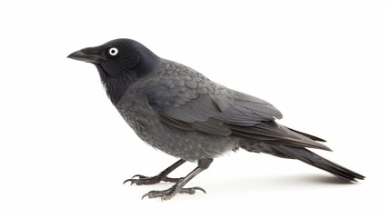Obraz premium Black crow with gray plumage stands against a white backdrop, gazing to the side