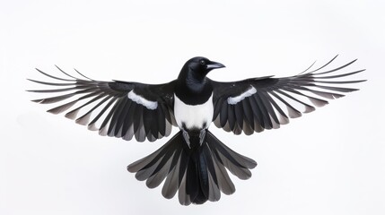 Obraz premium Eurasian magpie in flawless symmetry while flying against a white backdrop