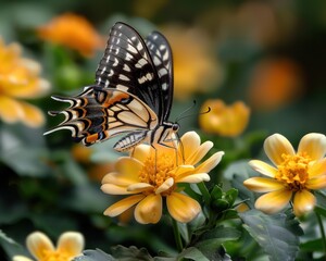 Obraz premium A Beautiful Butterfly Perched on a Yellow Flower in a Lush Garden, A Perfect Example of Nature's Harmony and the Beauty of Wildlife and Flowers Growing Together