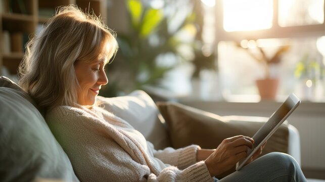 Mature woman using a digital tablet in her home - Powered by Adobe