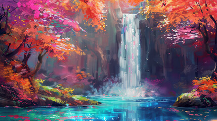 Fototapeta premium A painting of a dreamlike waterfall, flowing over moss-covered rocks, enveloped by lush, vivid pink and orange trees