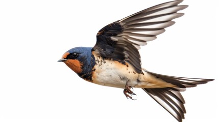 Obraz premium Graceful barn swallow bird in flight, wings fully extended against a pristine white background