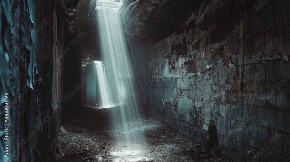 Poster a dark passageway with a beam of light emerging from the distance, symbolizing hope and guidance