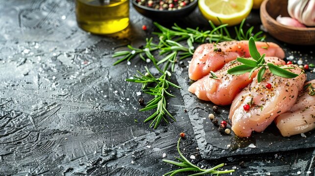 Fresh raw chicken aiguillettes for keto or paleo diets on rustic background table with copy space