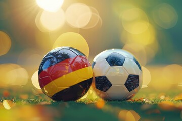 Fototapeta premium Two soccer balls sit side by side on a grassy field, ready for play