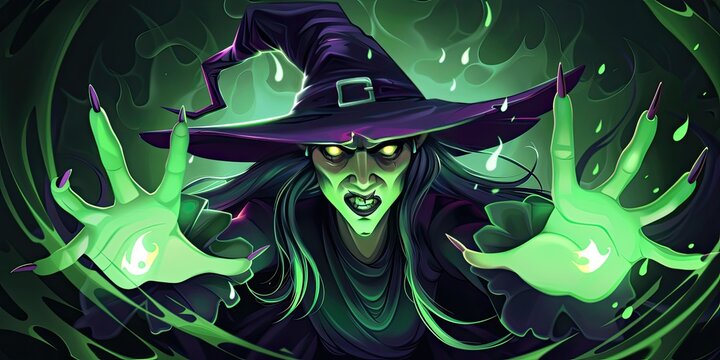 Spooky Halloween Green Witch Casting a Spell